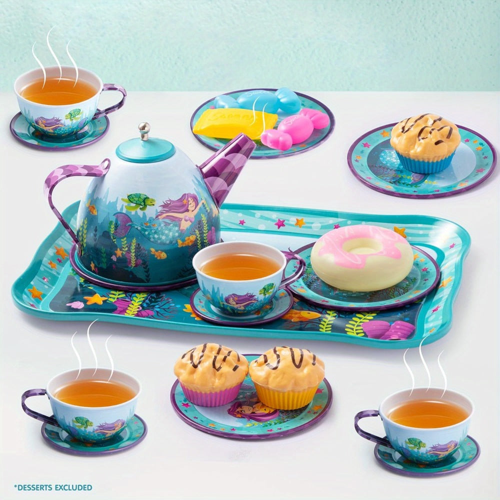 Mermaid Tea Party Set for Girls 21pcs, Tin Teapot, 4 Cups, Saucers, Plates & Carrying Case, Pretend Play Kitchen Toy for Todd