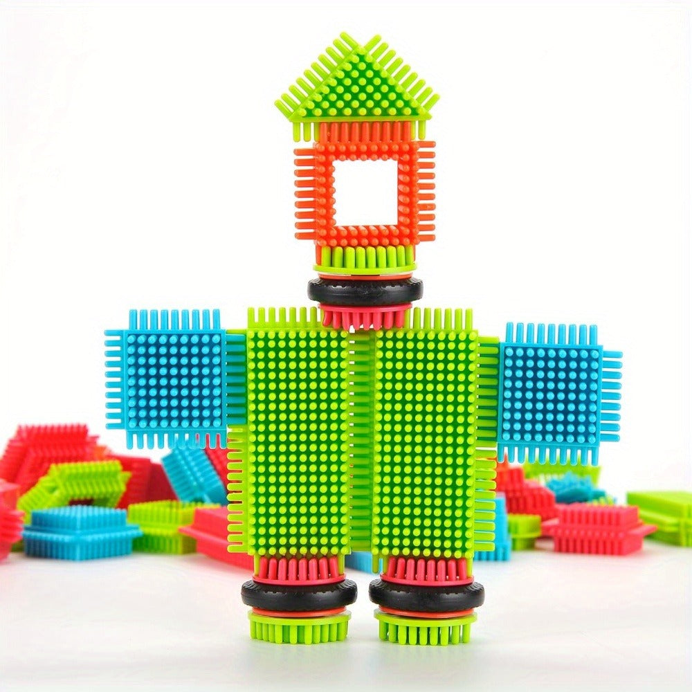 Building Block Set Bristle Construction Pieces, 150-Piece Colorful Interlocking Shapes with Storage Tub — image 6