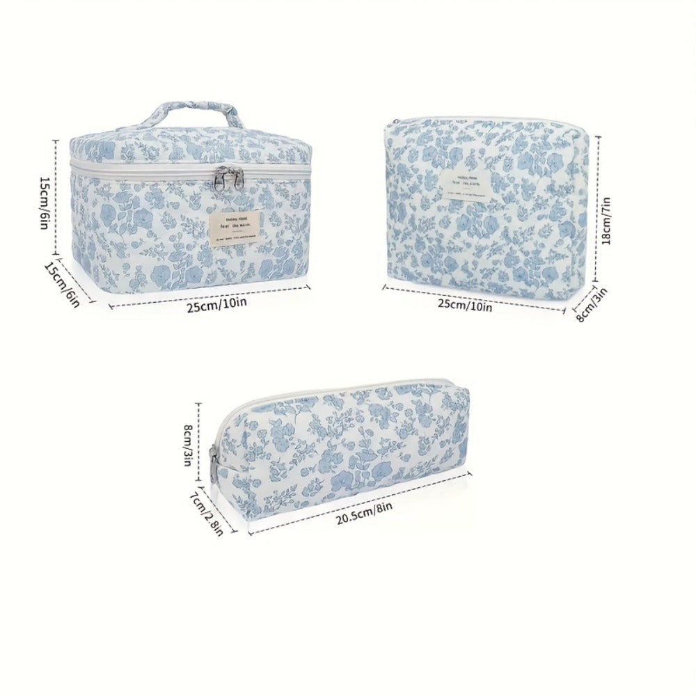 Quilted Makeup Bag Set 3 Pcs Floral Pattern Large Capacity Travel Cosmetic Organizer with Gold Zipper – Polyester Skincare To