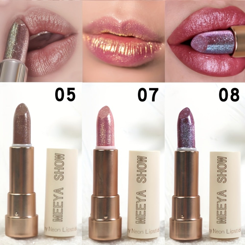 Glitter Shimmer Lipstick Set 3Pcs Pearlescent Pinkish Golden Creamy Glossy Sparkle Lip Gloss Lip Makeup for Party Stage Cospl