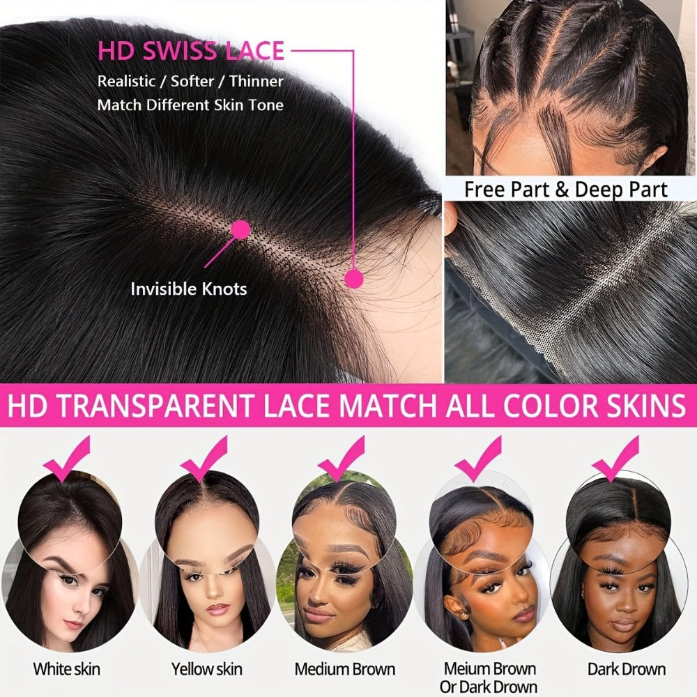 Bob Wig Human Hair 250% Density 4x4 HD Lace Straight Glueless Pre Cut Pre Plucked Wear and Go Natural Black for Women Daily W