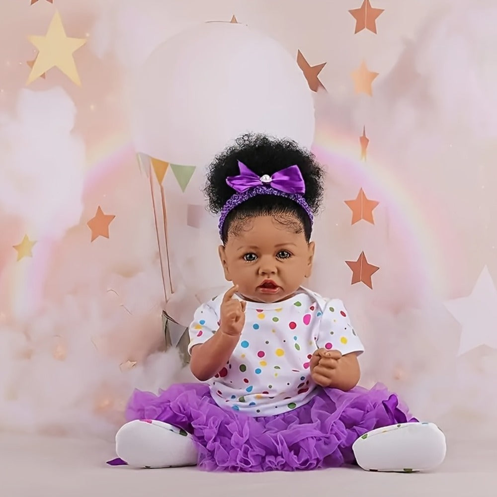Reborn Baby Doll 21.5-Inch Full Vinyl Design with Curly Dark Hair, Open Eyes and Purple-and-White Outfit — image 2