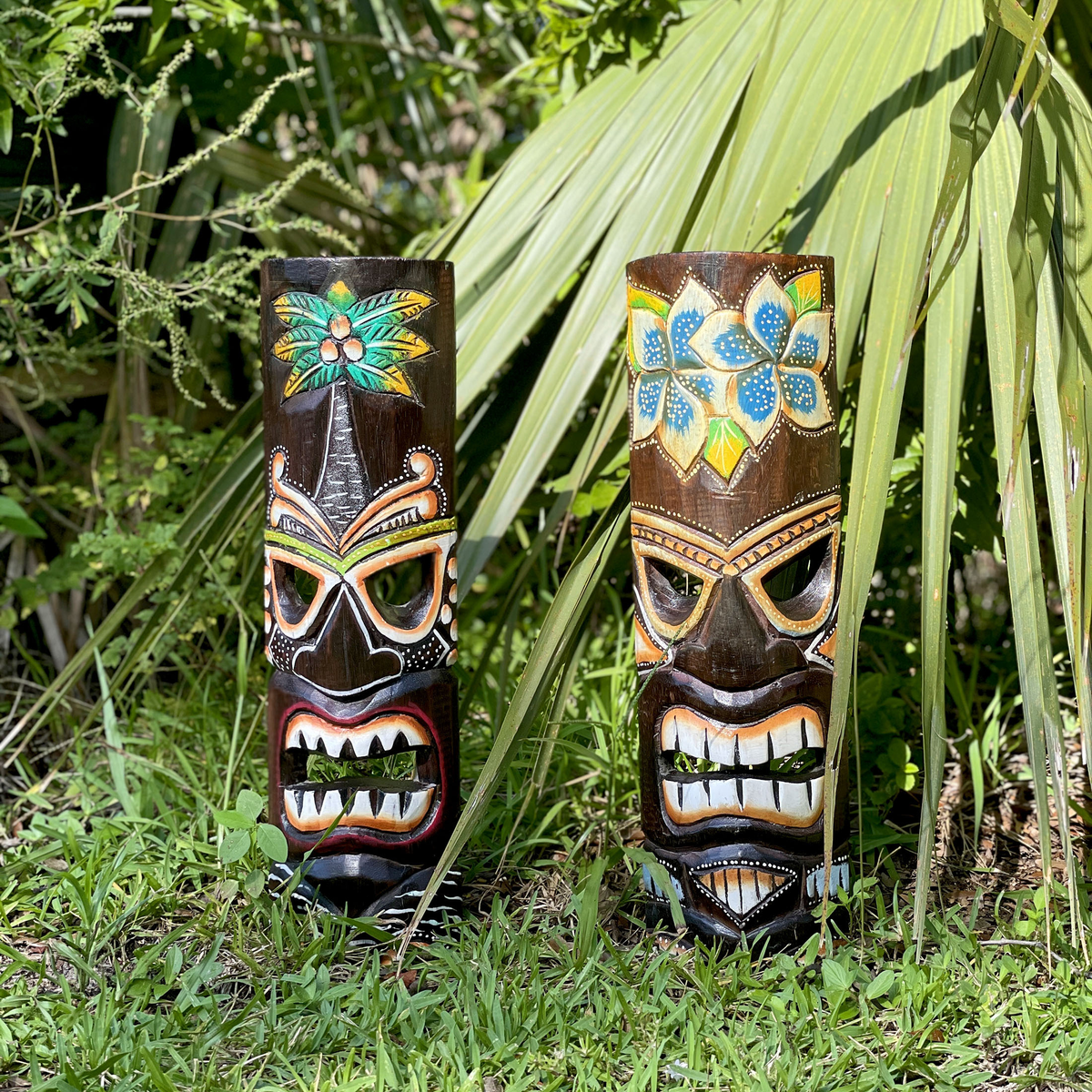 Tiki Wall Masks Set of 2 – Hand Carved Wooden 20" Tropical Decor with Palm Tree & Plumeria Designs for Indoor Outdoor Patio B