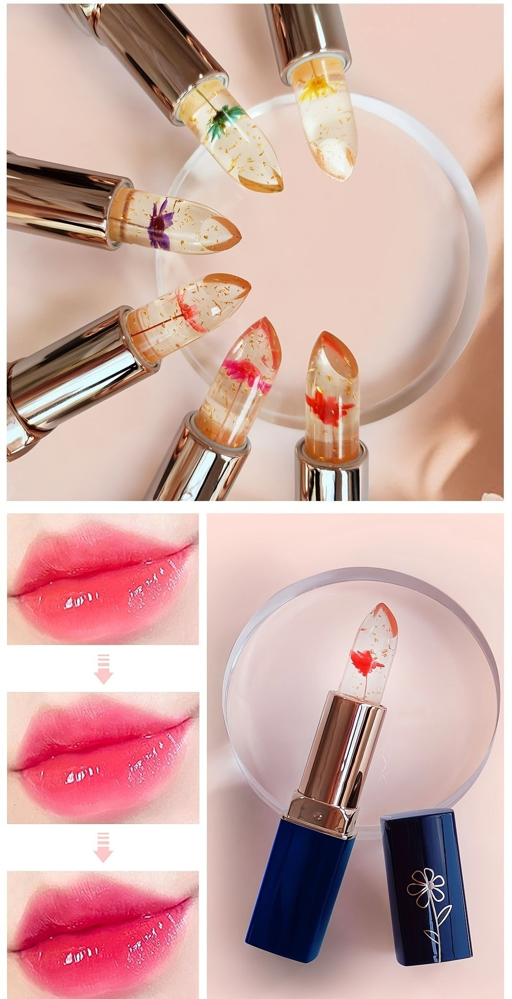 Flower Shaped pH Lip Balm Set 6pcs Individually Wrapped – Color Changing Transparent to Pink Tint, 6 Flavors Deep Moisturizin