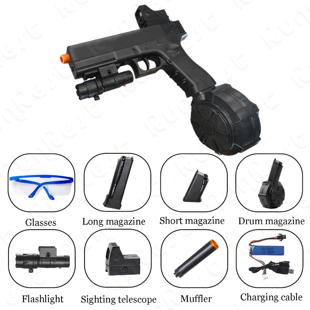 Black Electric Gel Blaster Set with Three Magazine Styles, Sight, Flashlight, Goggles and Charging Cable — image 2