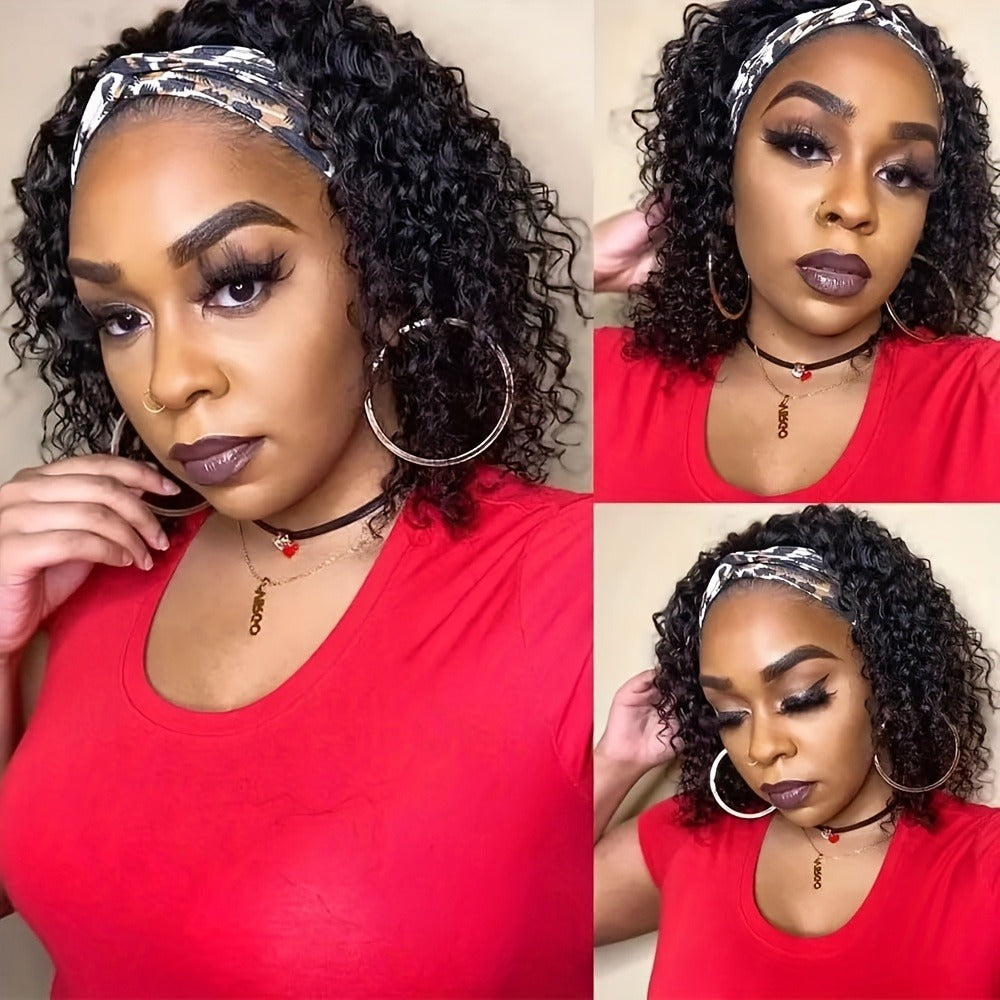 Headband Wig Human Hair Short Curly Pixie 14 Inch No Glue No Lace Glueless Wear and Go Natural, for Home, Travel and Salon Ha