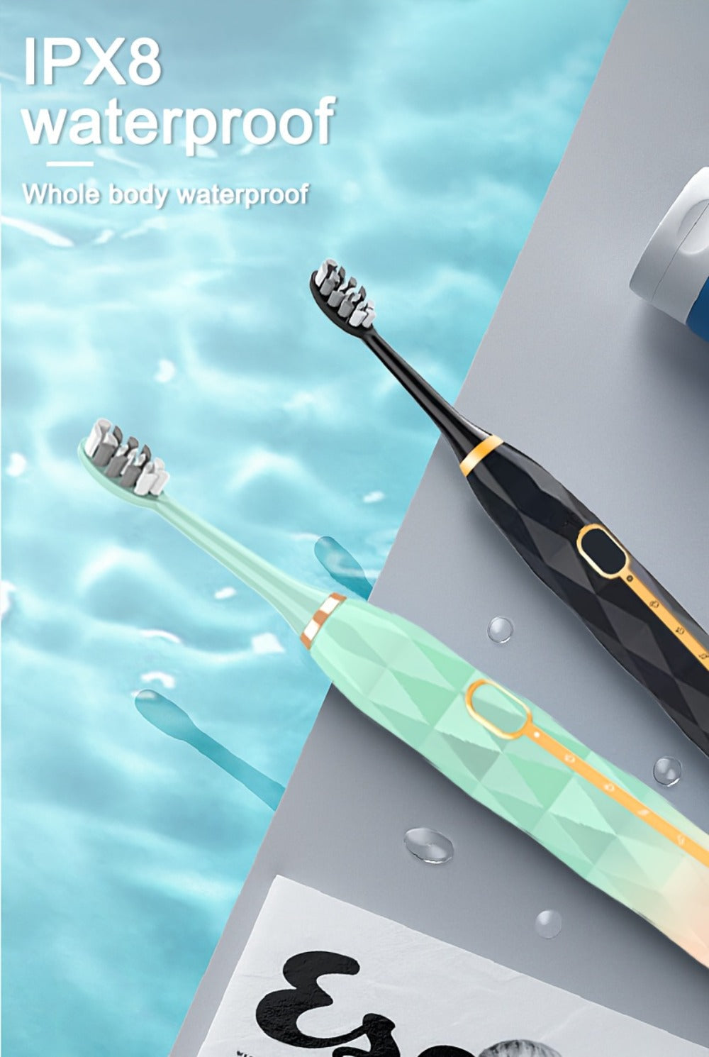 IPX8 Sonic Electric Toothbrush with 8 Replacement Brush Heads – Metal Shaft, USB Rechargeable 500mAh, Travel Case & Holder — 