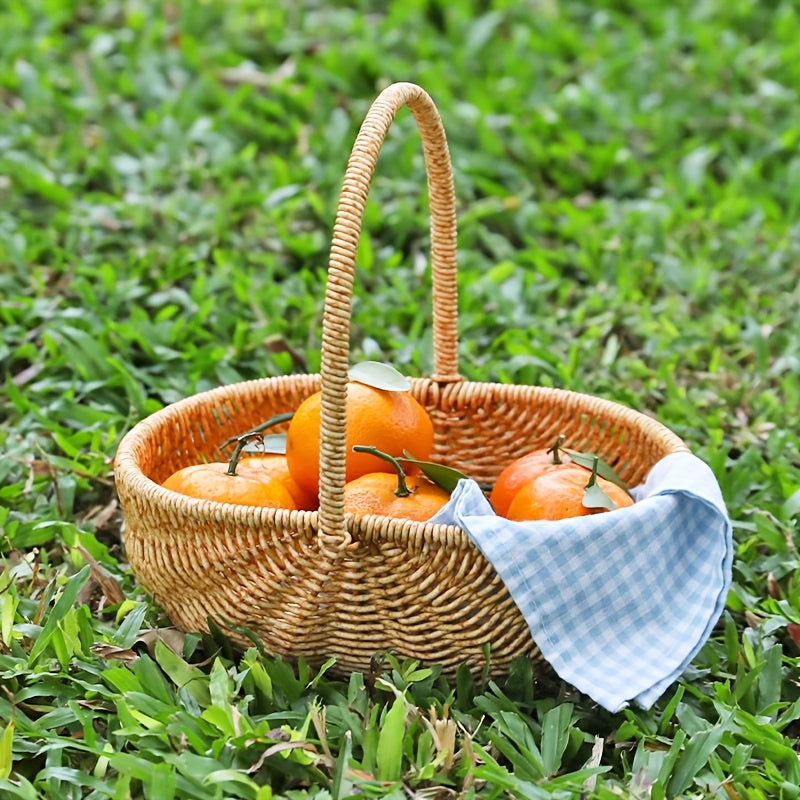 Handwoven Rattan Storage Basket with Carry Handle in Light Brown Medium Drain-Basket Format — image 1