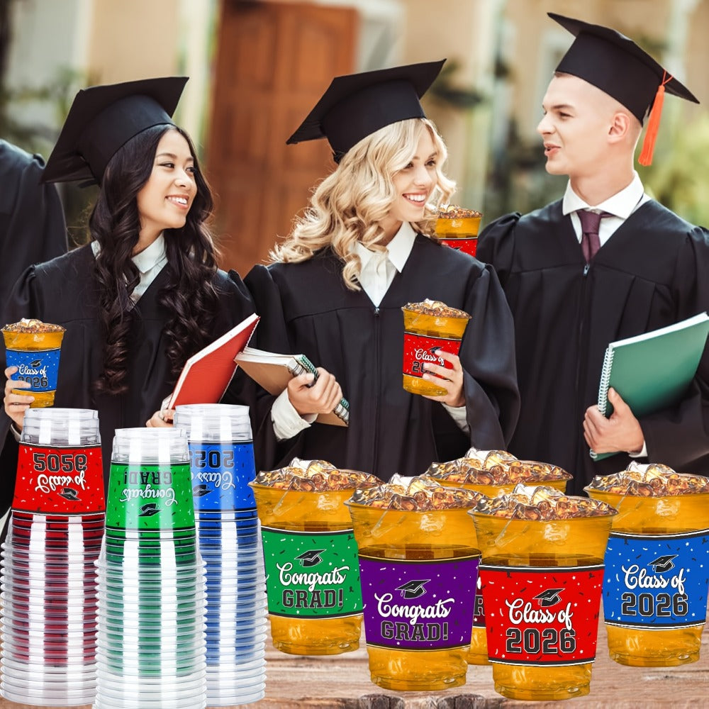 Graduation Plastic Mugs 100 Pack 14oz, 2026 Graduation Party Cups in Black Red Blue Green Purple Maroon for Graduation Ceremo