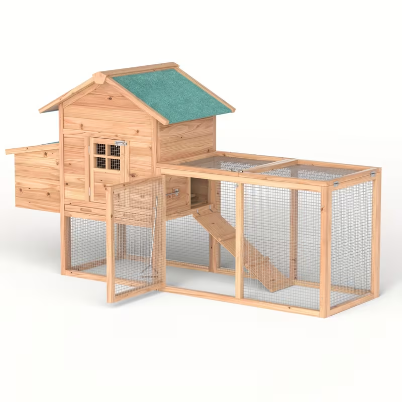 Wooden Rabbit Hutch Outdoor Chicken Coop with Run Nesting Box Ramp Sliding Tray Asphalt Roof Fir Wood for Garden, Patio and Y