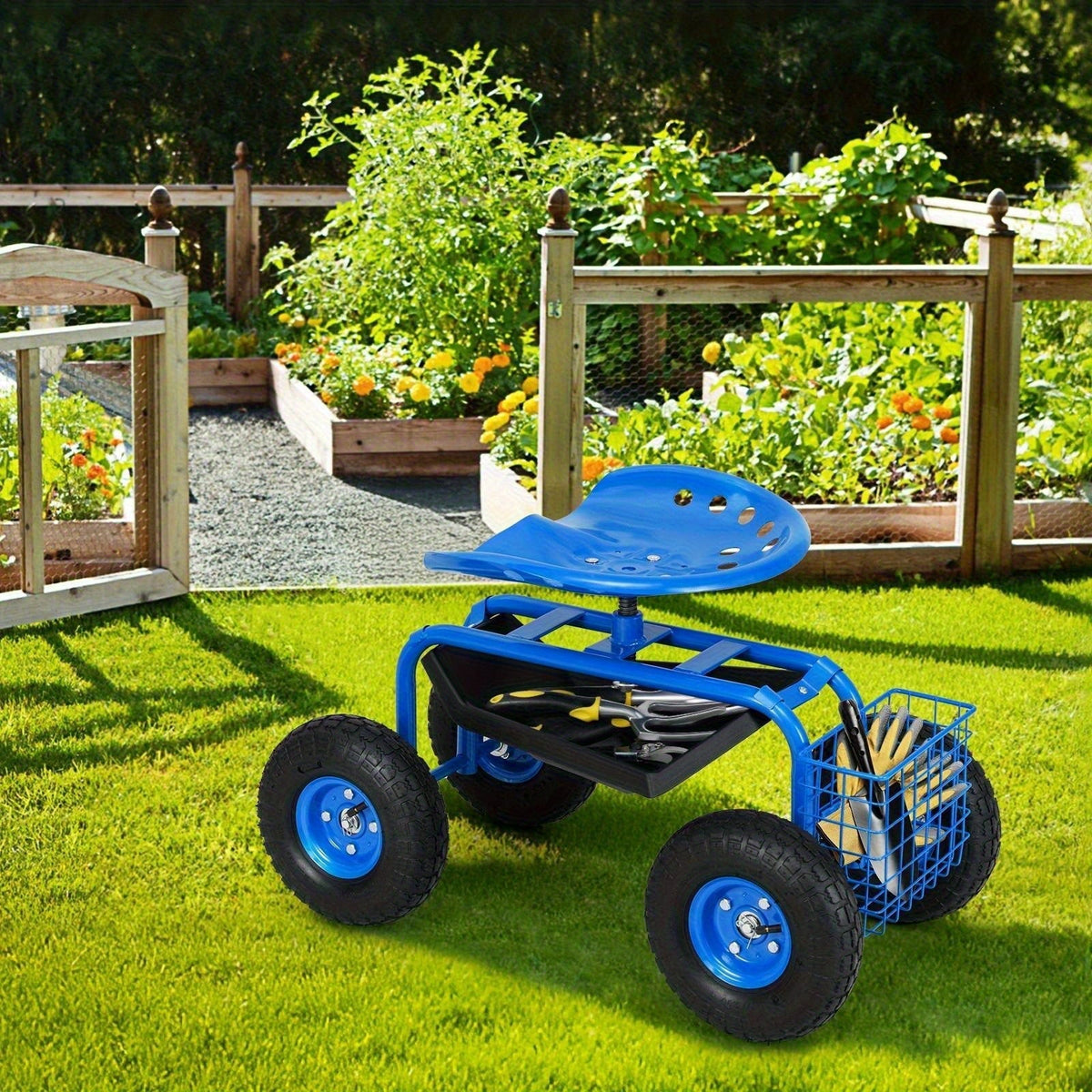 Rolling Garden Cart with Adjustable Swivel Seat, 10" Pneumatic Tires, Storage Basket & Tool Tray — image 2