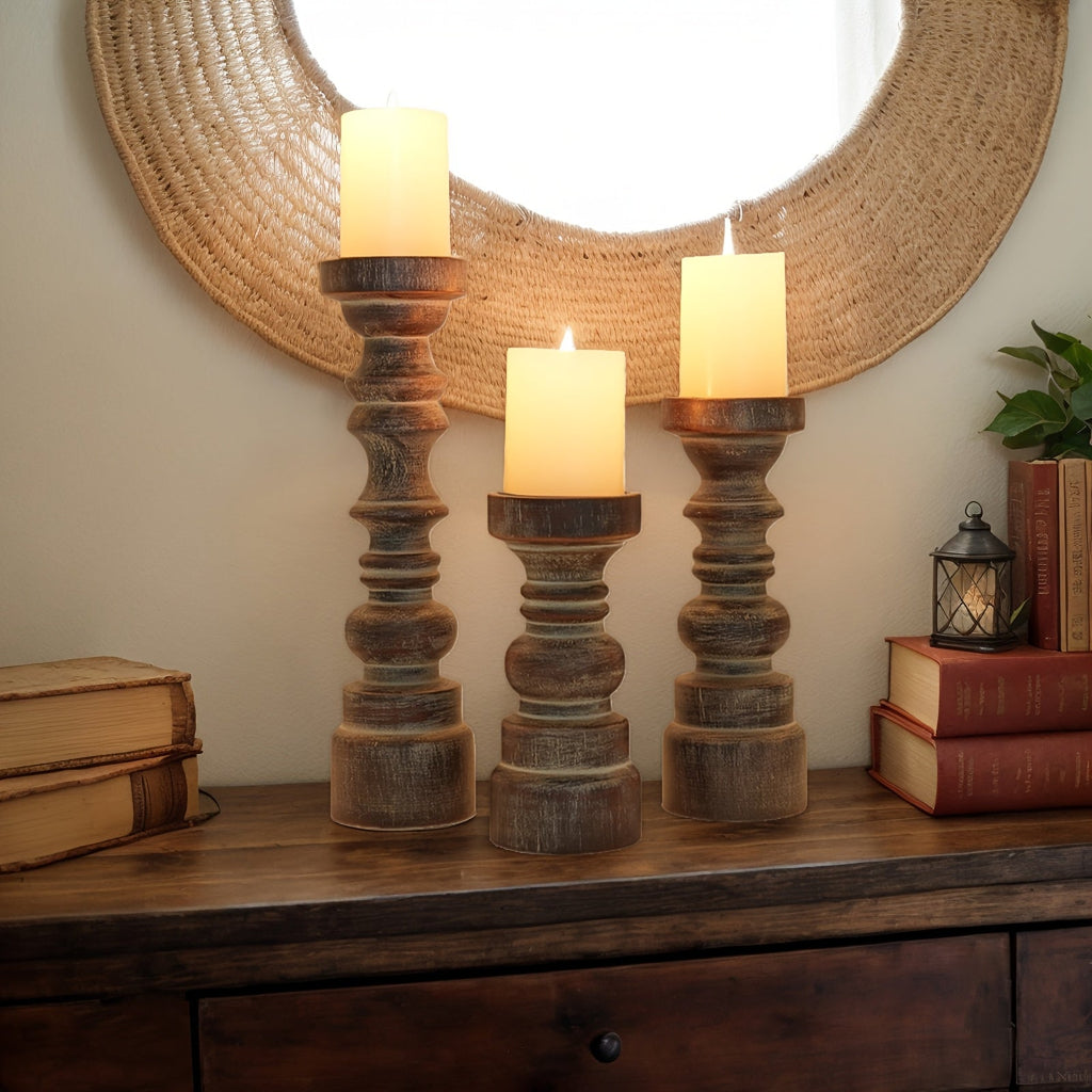 Candle Holder Set of 3 Graduated Brown Wood Pillar Stands with Turned Farmhouse Profiles for Tabletop Displays — image 2