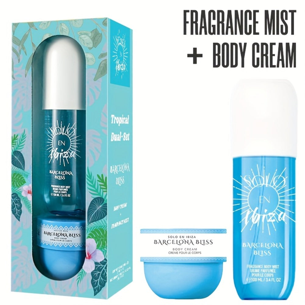 Body Hair Fragrance Mist Gift Set 2-Piece SOLO EN IBIZA Perfume Mist Body Cream Vanilla Fruit for Bath Time, Home Spa and Per