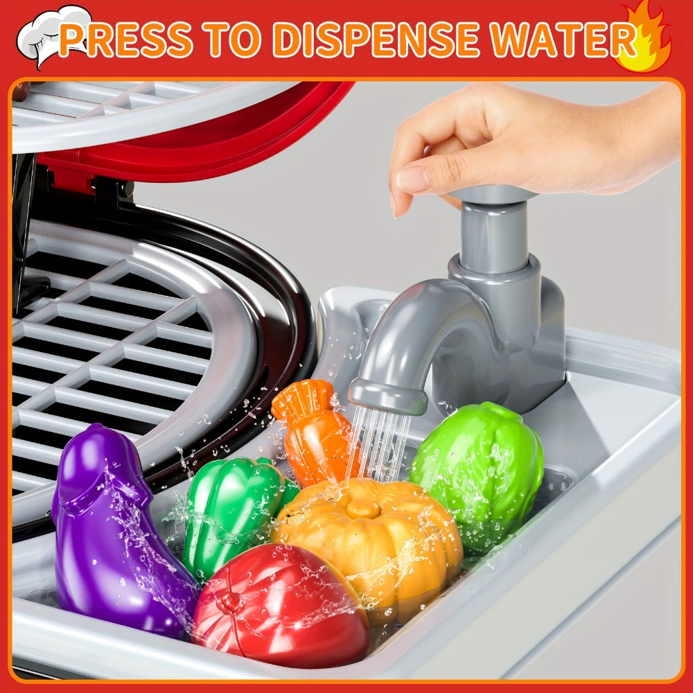 Kids BBQ Grill Playset Two-Tier for Grilling, Camping and Outdoor Meals with Toy Food Meats Fruits Spices & Working Water Tap