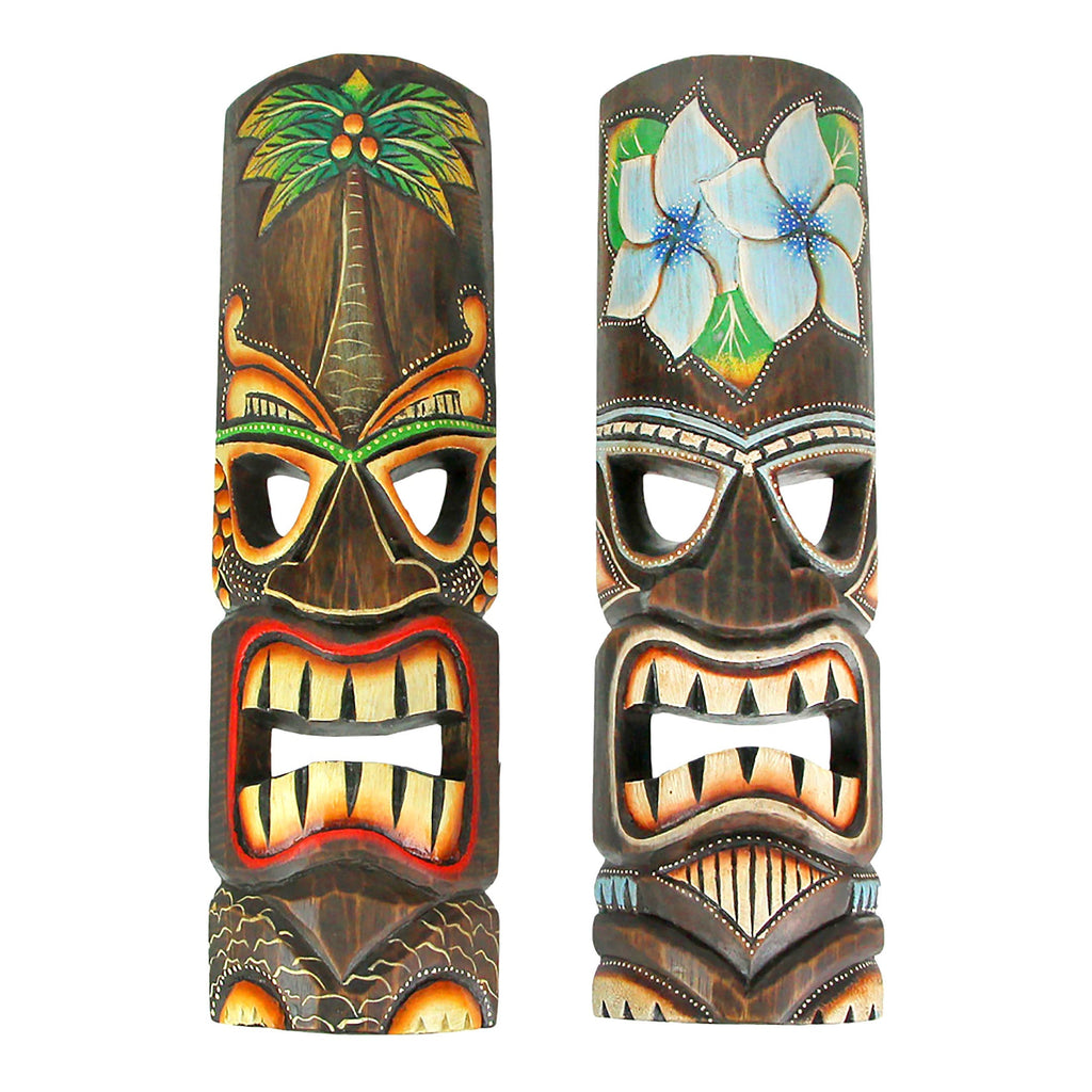 Tiki Wall Masks Set of 2 – Hand Carved Wooden 20" Tropical Decor with Palm Tree & Plumeria Designs for Indoor Outdoor Patio B