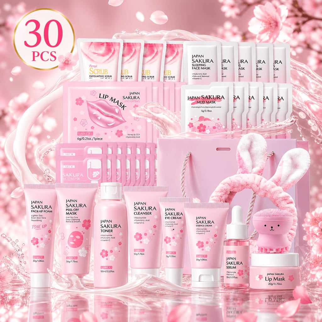 30-Piece Sakura Skincare Gift Set with Pink Face-Care Assortment, Mask Packets, Pouch and Routine Accessories — image 11
