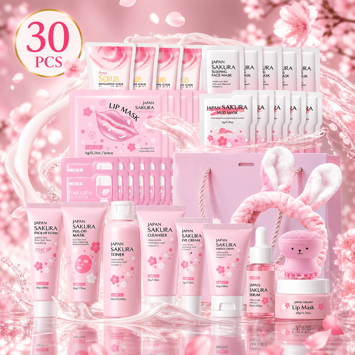 30-Piece Sakura Skincare Gift Set with Pink Face-Care Assortment, Mask Packets, Pouch and Routine Accessories — image 11