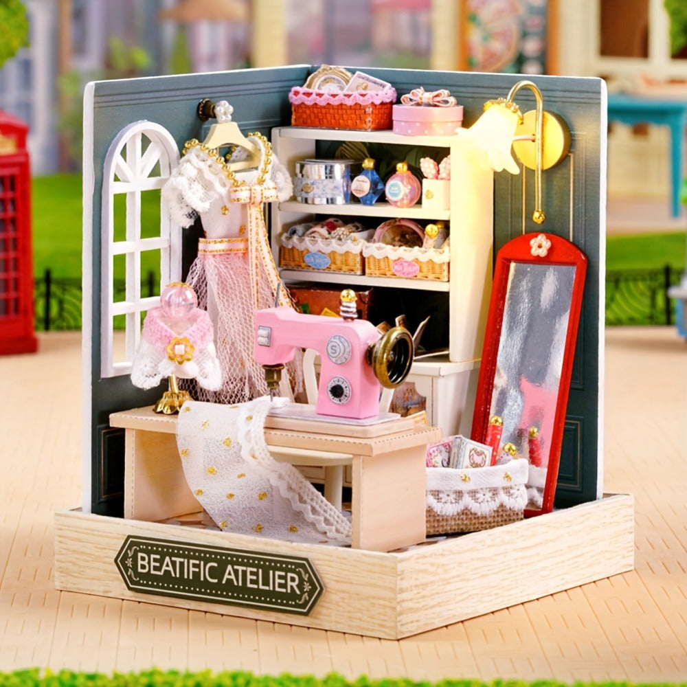 DIY Miniature Shop Dollhouse Kit with Dust Cover, Wooden Mini Store Assembly Set, 4 Themes Sakura Noodles Candy Atelier Coffe