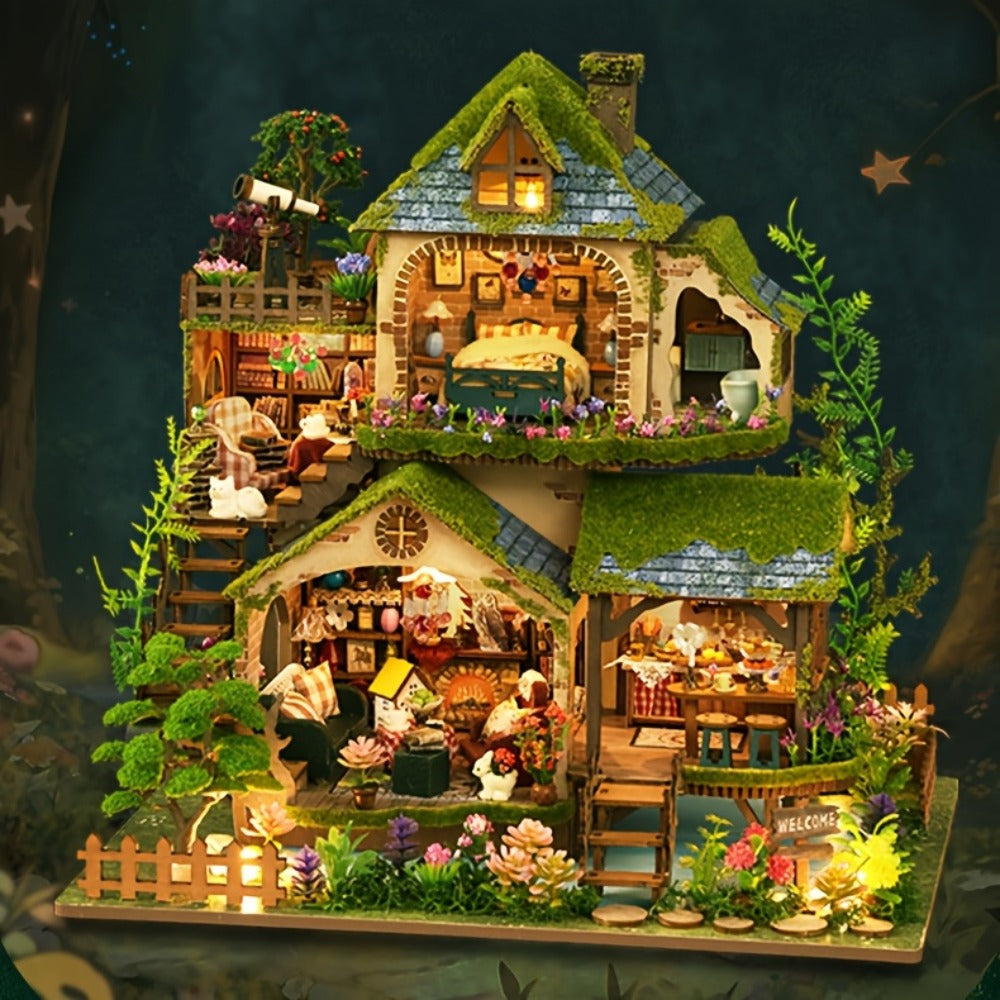 Wooden Forest Hut Miniature Model Kit with Multi-Level Cabin Scene, Lighting Details and Forest Adventures Label — image 7