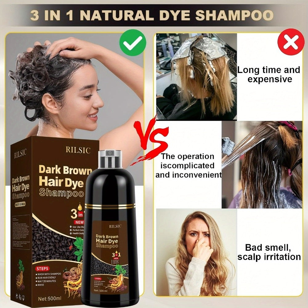 Grey Hair Dye Shampoo 3-in-1 Natural Plant-Based Herbal Formula – Non-Stick Scalp, Covers White Hair in Minutes, 500ml – Blac