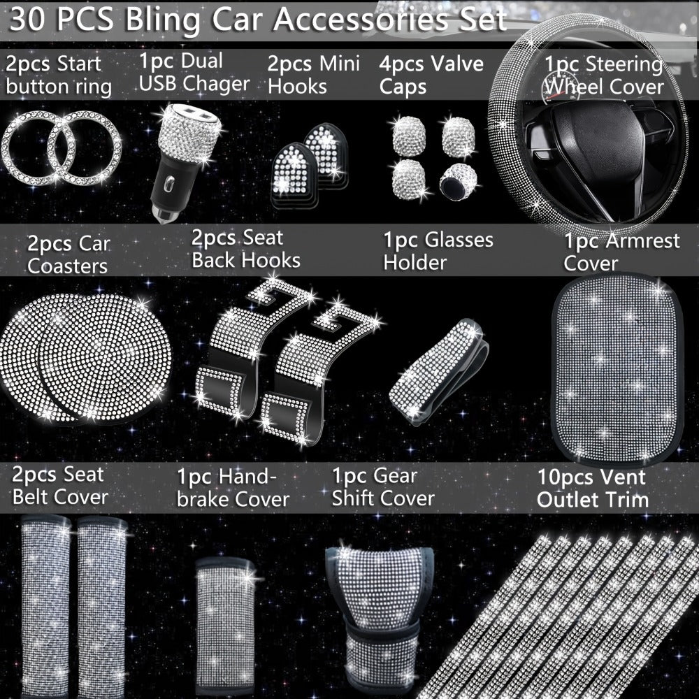 30-Piece Bling Car Interior Accessories Set with 15-Inch Steering Wheel Cover, Seat Belt Pads and Trim — image 2