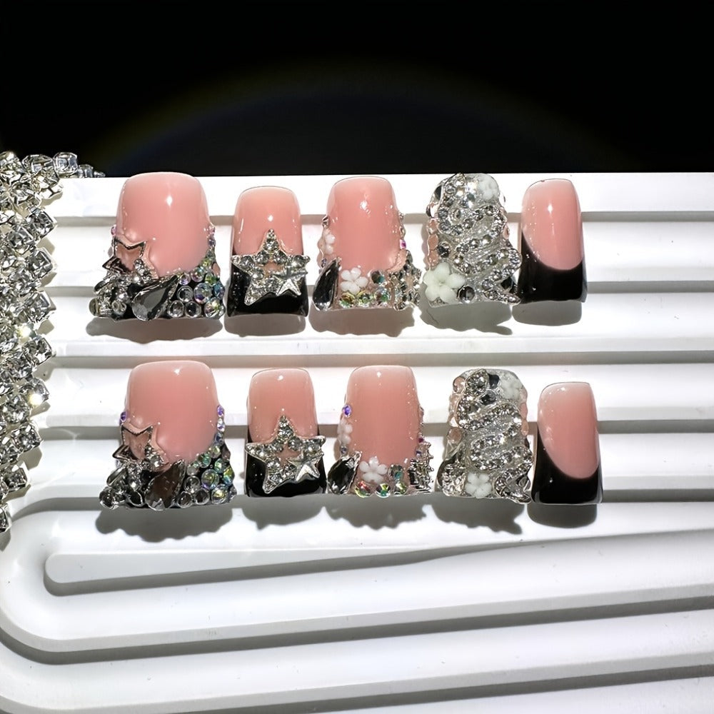 Press On Nails 10-Piece Short Duckbill Set with Black French Tips, Snake, Stars and Self-Adhesive Gel Tabs — image 1