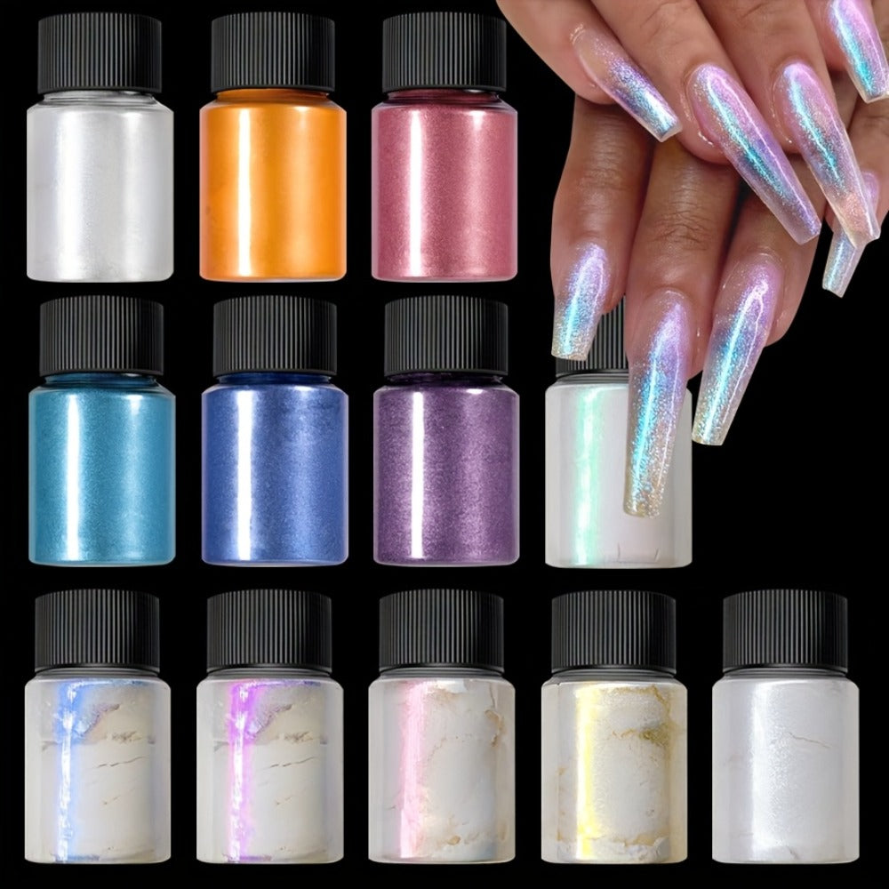 Aurora Nail Powder 12 Colors Chrome Pearl Glitter Neon Dust Holographic Iridescent Pigment Set for Chrome — image 1