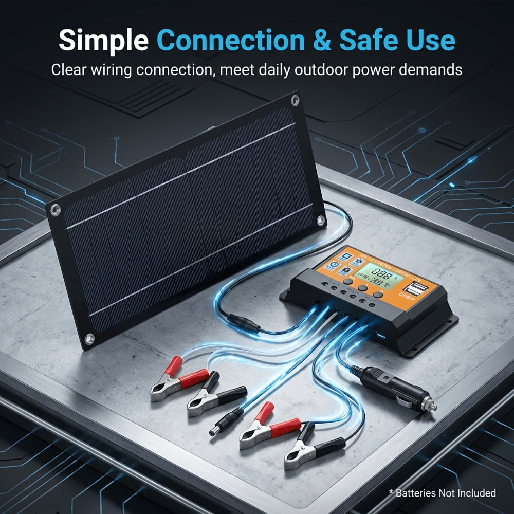 Solar Panel Kit with Charge Controller, Extension Cord & Battery Clamps – Universal Off-Grid Power for RV, Boat, Motorcycle —