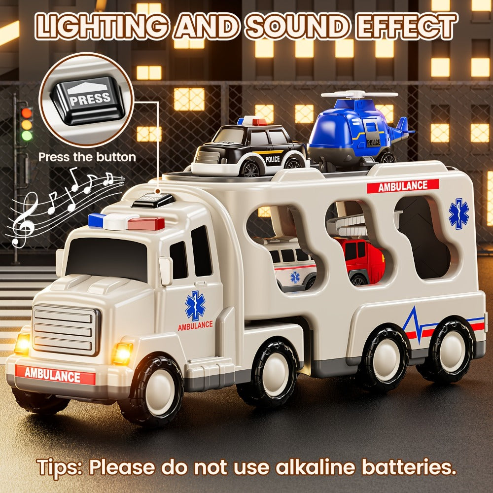 Ambulance Truck Toy Set for Boys, 5-in-1 Friction Power Carrier Truck with Lights & Sounds — image 4