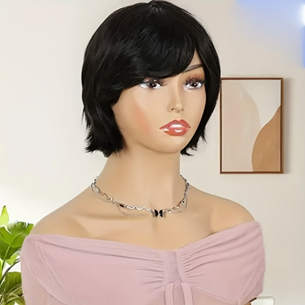 Wig Short Curly Wavy Pixie Bob in Natural Black, 6-Inch Human Hair with Bangs and Rose Net Cap — image 2