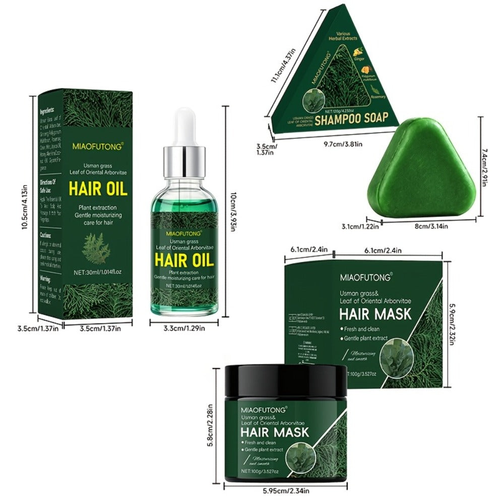 Three-Piece Usman Grass Hair Care Kit with 120g Triangular Shampoo Bar, Oil and Mask Formats — image 4