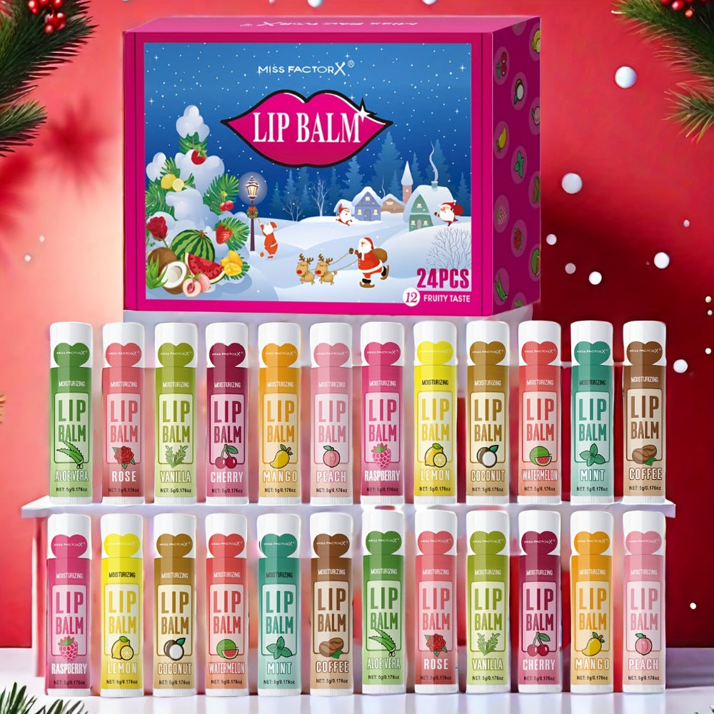Lip Balm 24-Piece Holiday Gift Box with 12 Assorted Flavor Labels and Colorful Twist-Up Tubes — image 2