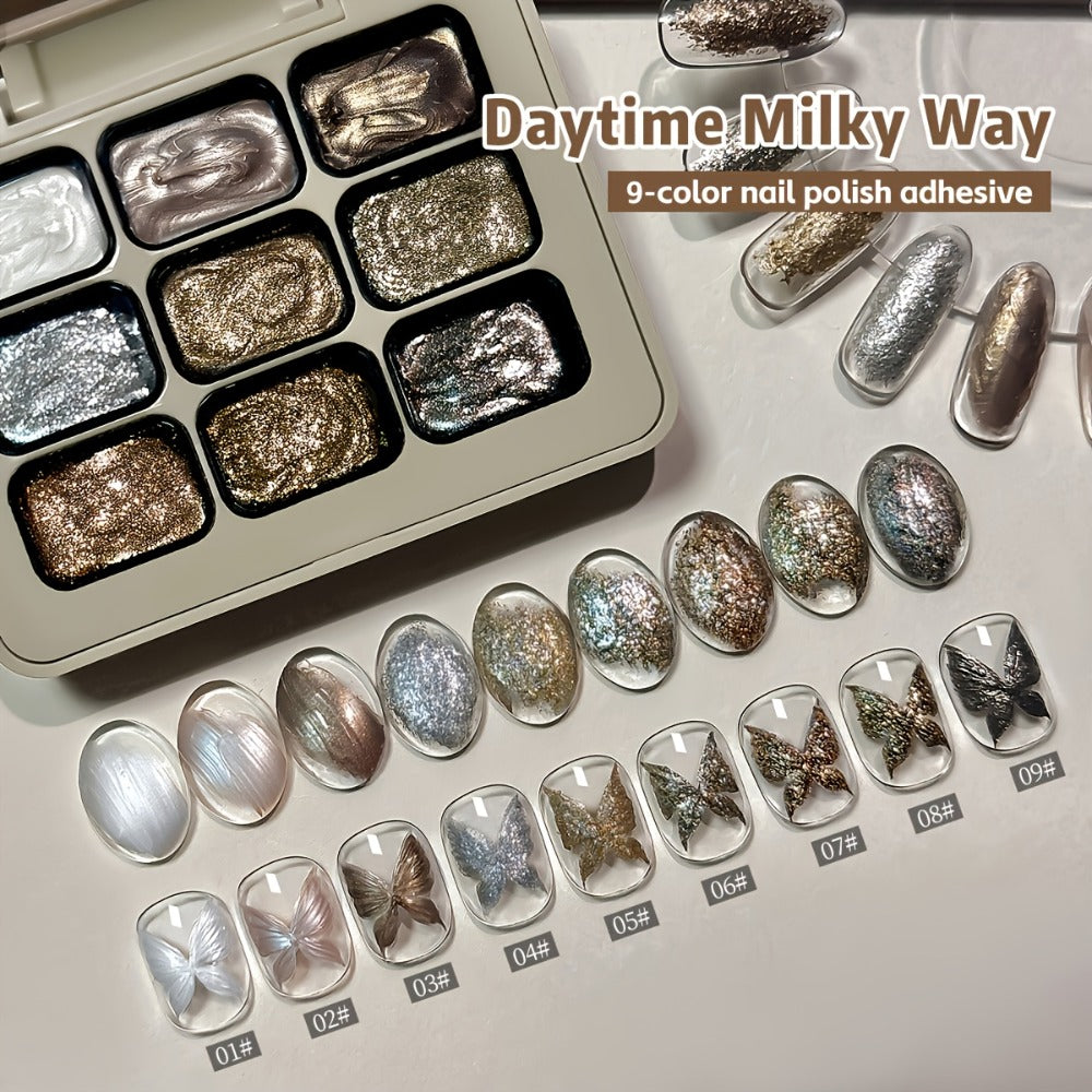 Shimmer Nail Art Gel Nine-Color Grid Palette with Metallic Neutral or Milky Way Color Selection — image 5