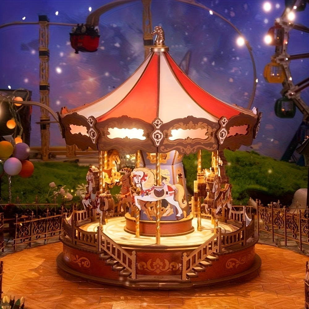 Rolife Carousel Music Box Kit, DIY 3D Wooden Puzzle Architectural Craft Model, Spinning Carousel with Music — image 2