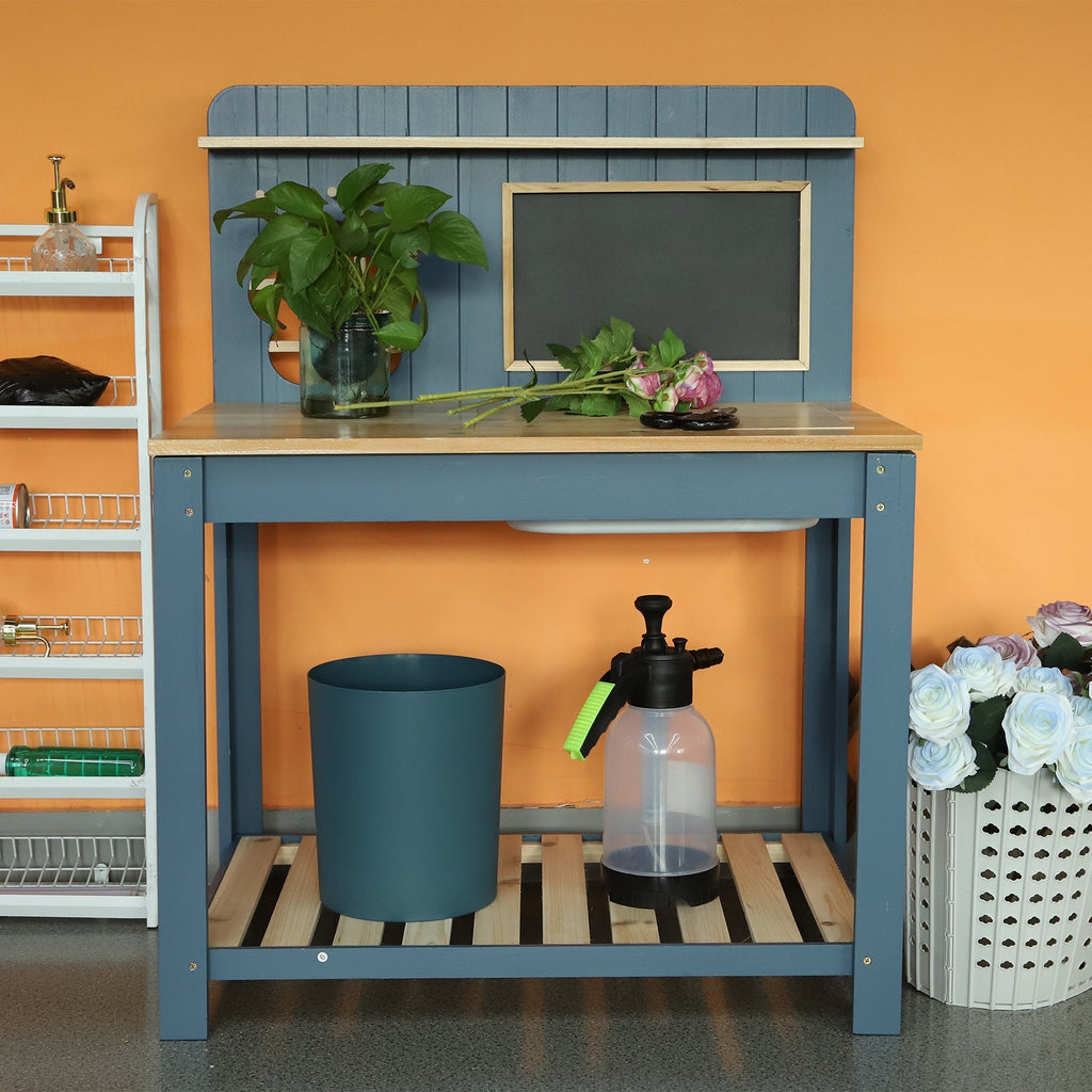 Potting Bench with Blackboard Removable Sink Hooks Double Shelf for Garden — image 4