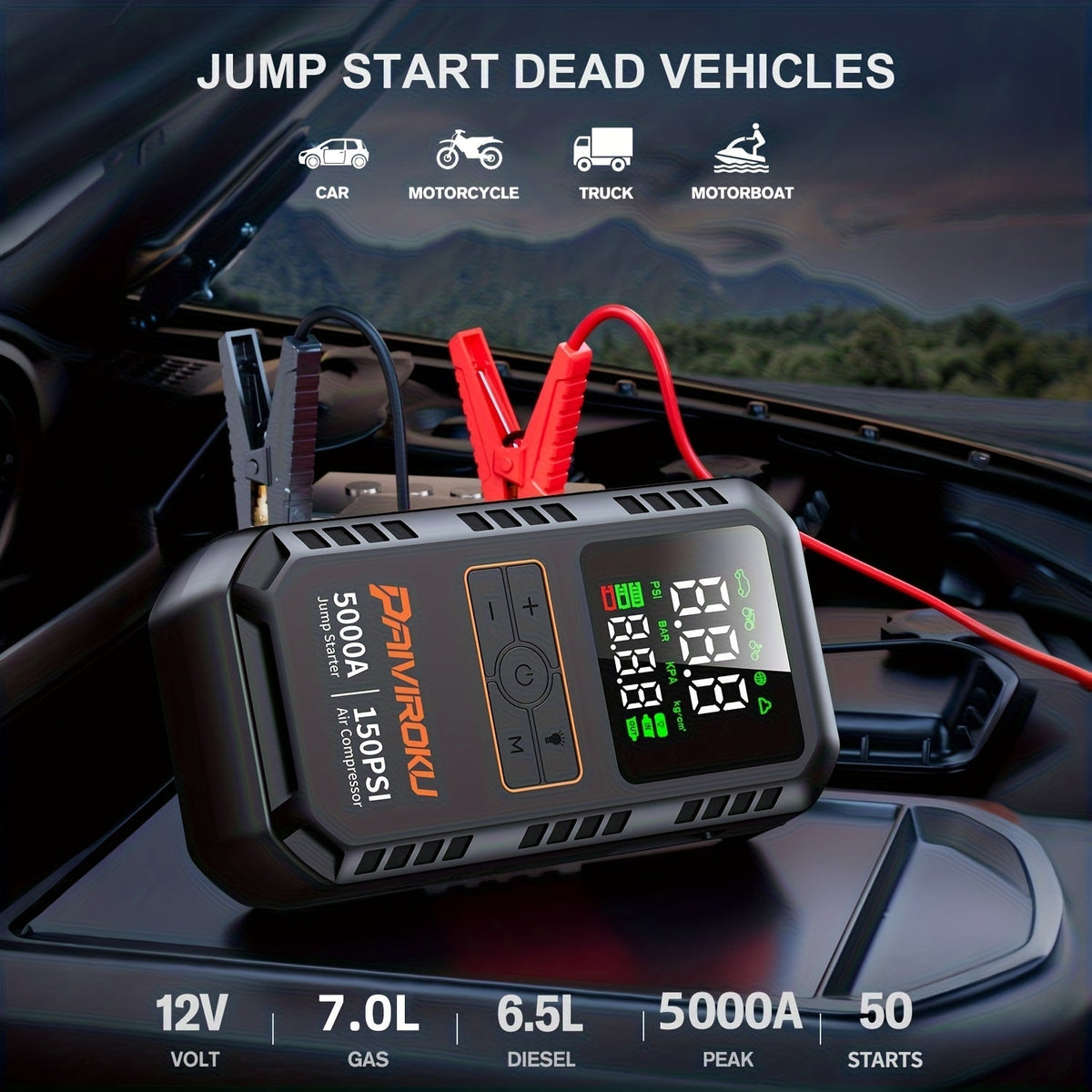 5000A Car Jump Starter with 150 PSI Digital Tire Inflator, 12V Clamps and 44.4Wh, 59.2Wh or 74Wh Options — image 4