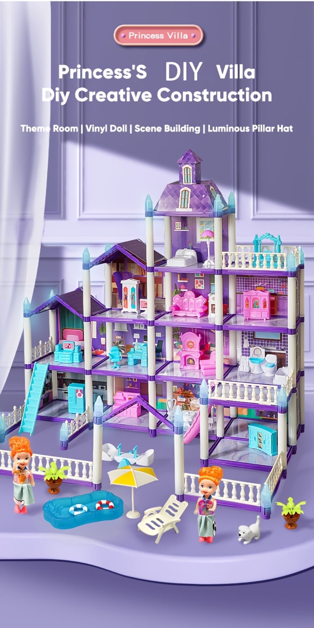 LED Dollhouse Playset for Girls, Purple Multi-Room Playhouse with Doll Figures, Puppies, Furniture & LED Lighting — image 15