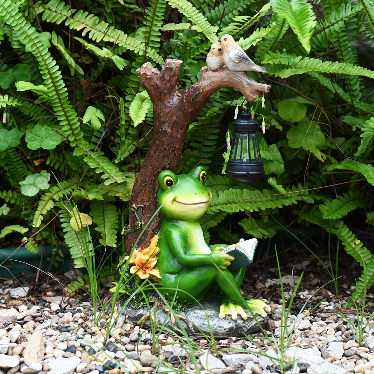 Solar Garden Lights Frog Reading Statue with Lantern, One-Piece Resin Lawn and Patio Ornament — image 1