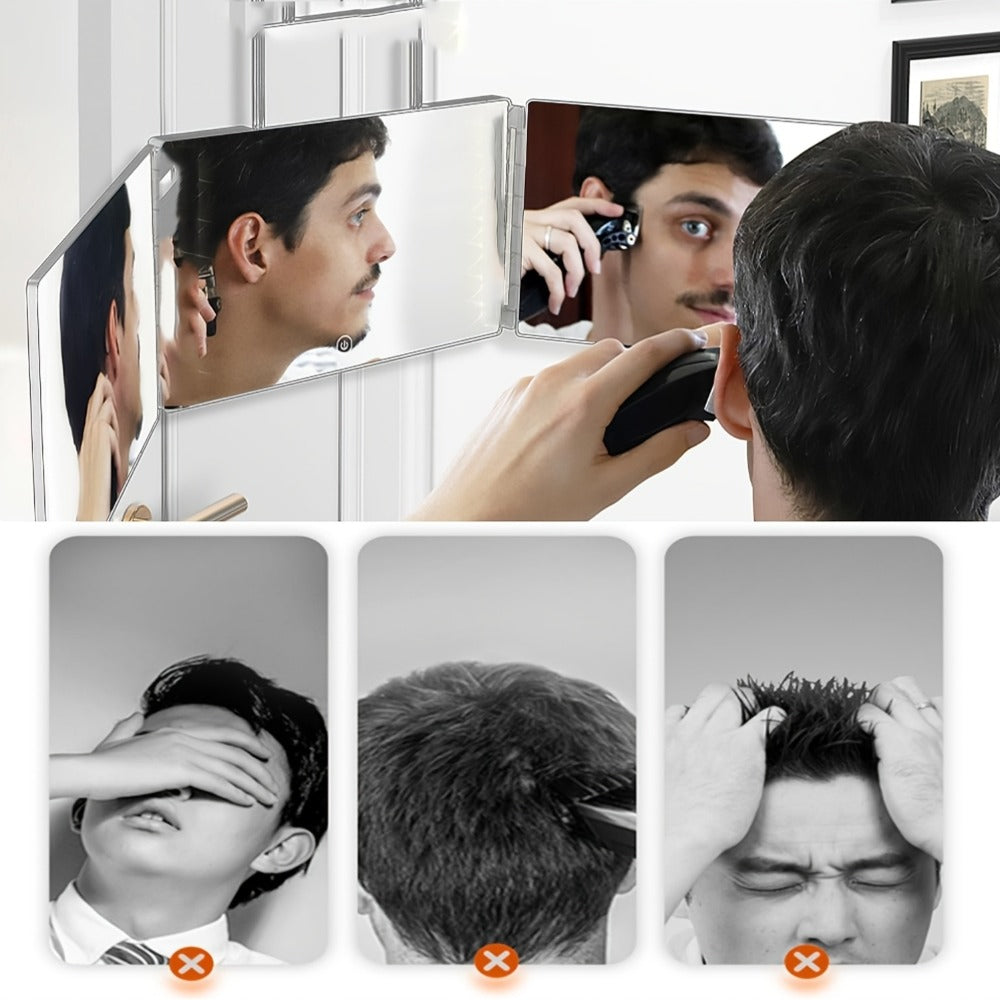 Three-Way Folding Mirror for Haircutting 360° View Anti-Fog HD Glass Height-Adjustable Telescopic Hook – Foldable Three-Sided