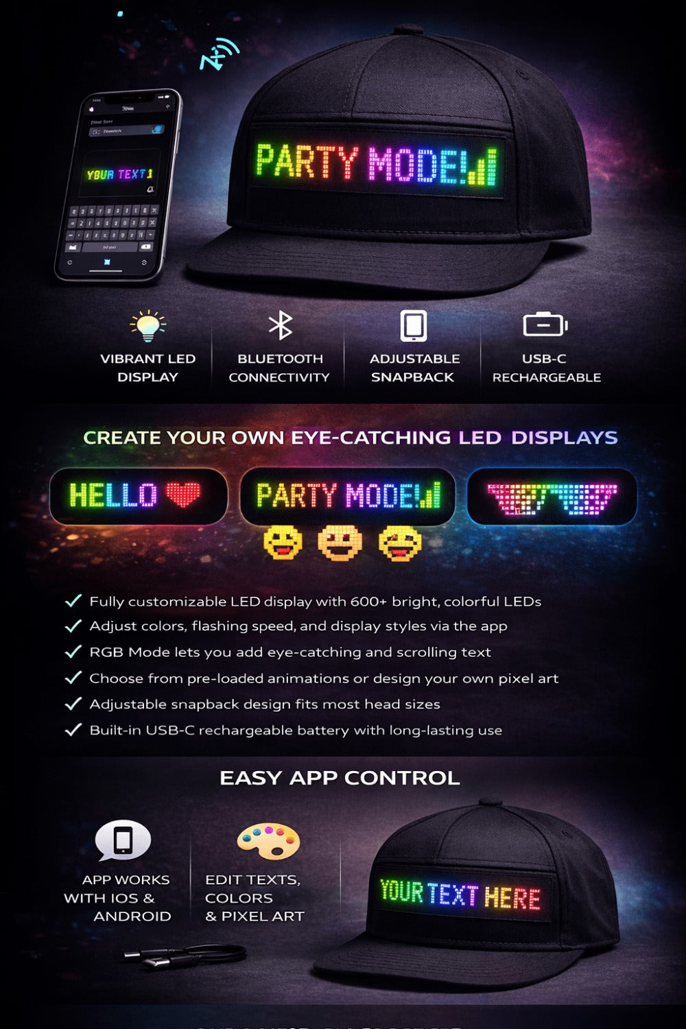Programmable LED Hat App Controlled Scrolling Text Light Up Baseball Cap for Men Women Parties Halloween Christmas Gift USB C
