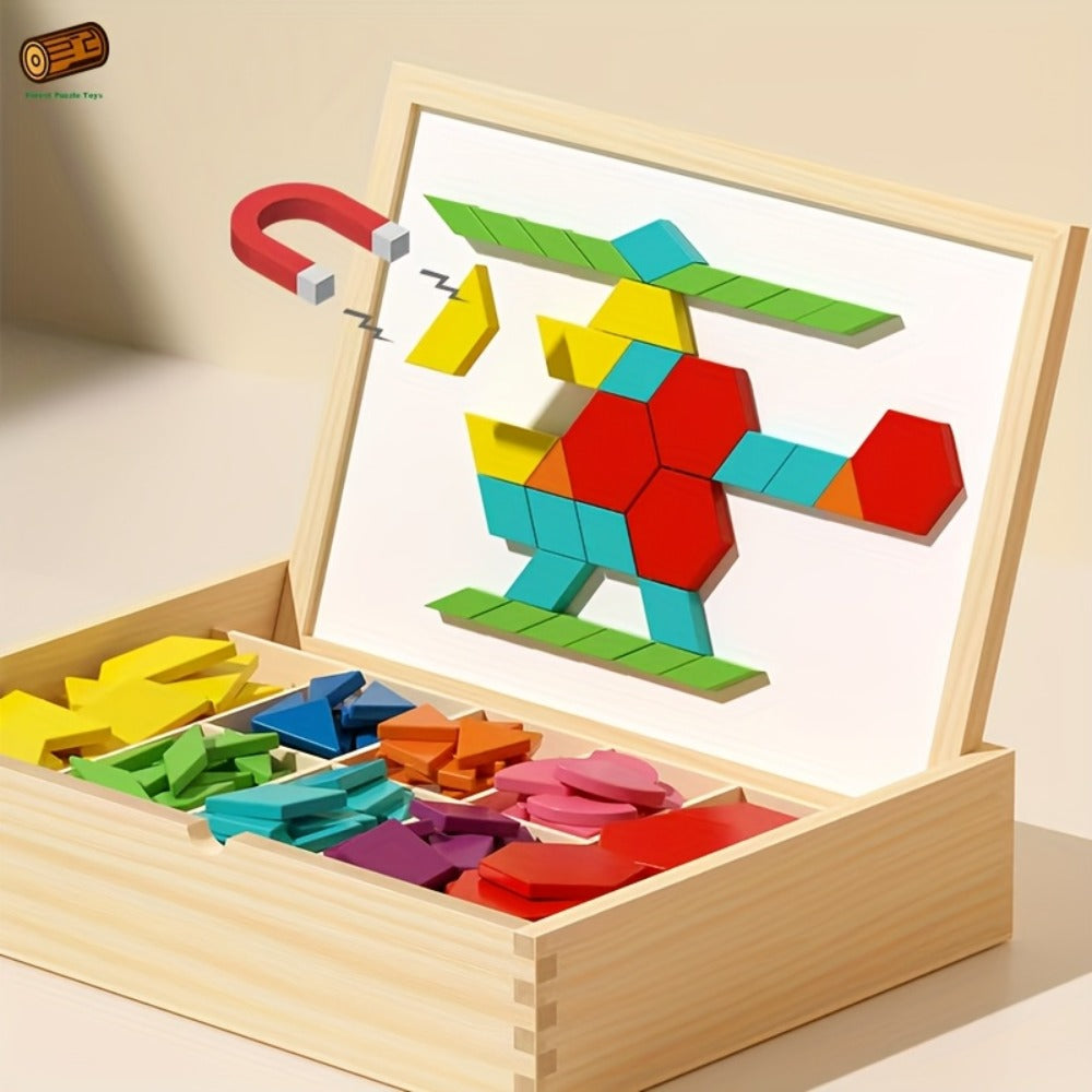 Magnetic Wooden Puzzle Blocks 128 180 220 Piece Set, Geometric Figures Cognitive Learning STEM Toy for Kids — image 6