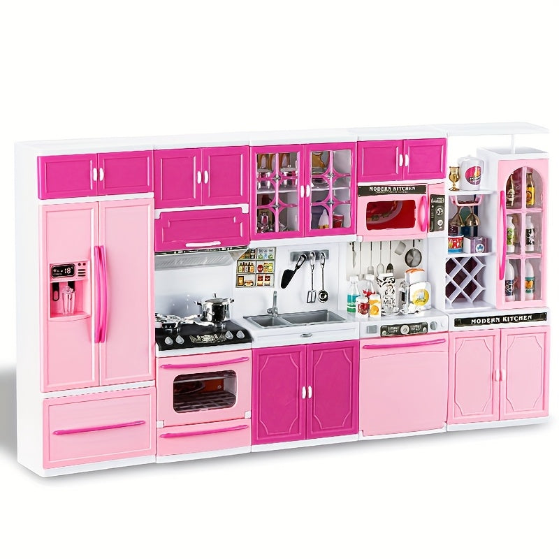 Pink Kitchen Toy Set 64pcs with Lights & Sounds, Mini Furniture Doll Playset for Girls, Pretend Play Kitchen Accessories — im