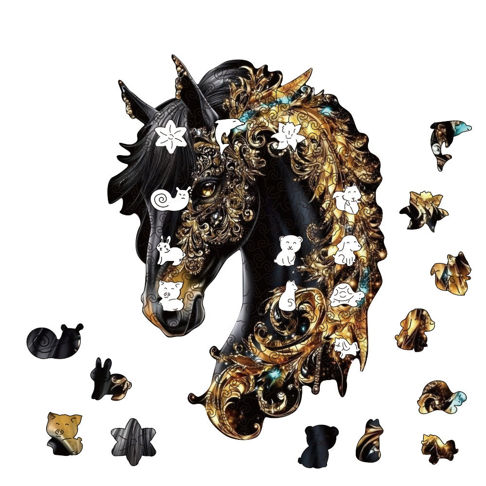 Ornate Horse Silhouette Wooden Jigsaw Puzzle with Gold-Tone Scrollwork in Three Size Options for Display — image 9