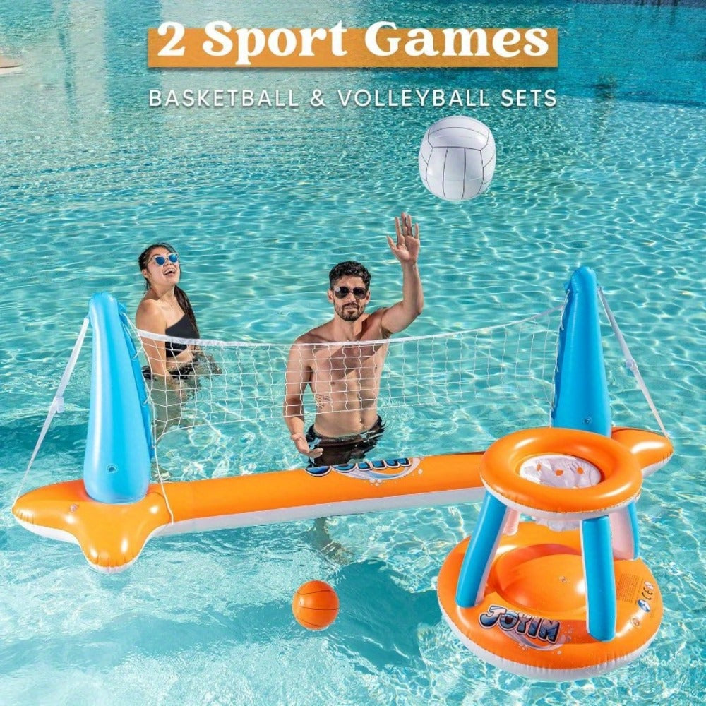 Inflatable Pool Game Set for Kids & Adults, Volleyball Net Court & Basketball Hoops with Balls — image 3