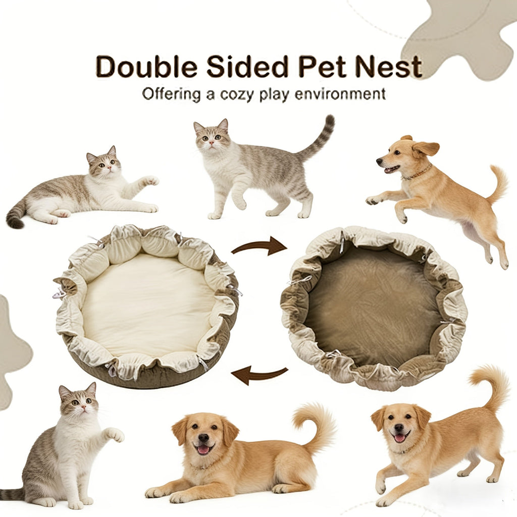 Convertible Round Pet Play Mat and Bed with Raised Sides, Removable Arches and Six Hanging Toys — image 4