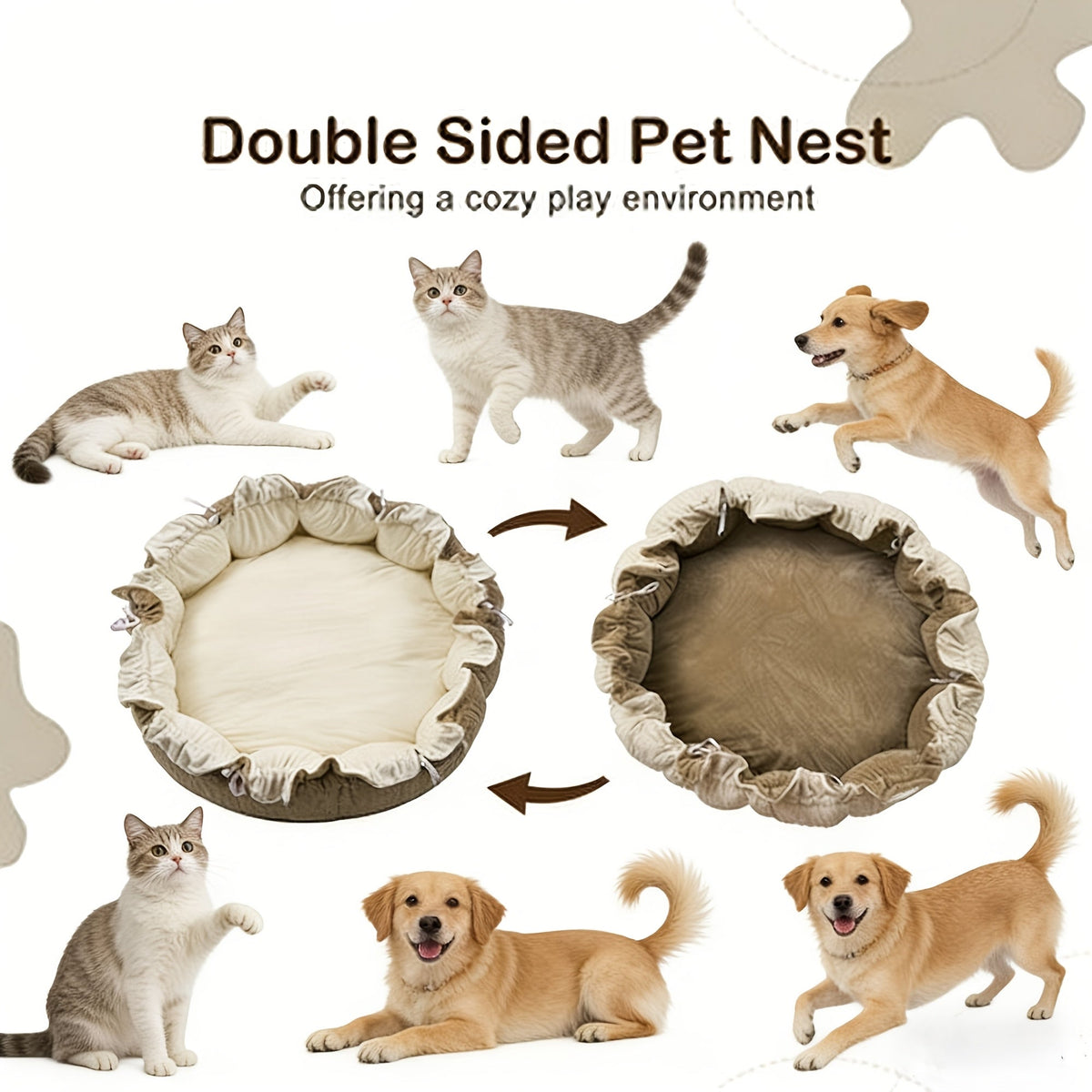 Convertible Round Pet Play Mat and Bed with Raised Sides, Removable Arches and Six Hanging Toys — image 4