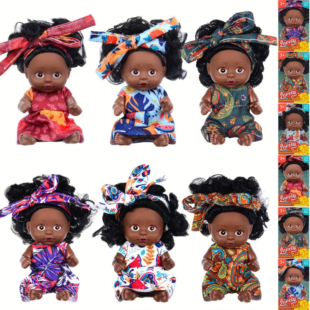 Miniature Girl Doll Set 6 Pcs 4 Inch Articulated Arms & Legs, Colorful Outfits Printed Headscarf — image 7
