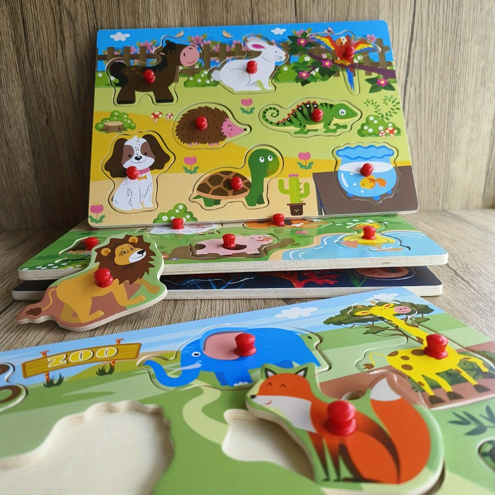 Four-Board Wooden Peg Puzzle Set with Colorful Animal Scenes and Red Knob Pieces for Matching Play — image 6