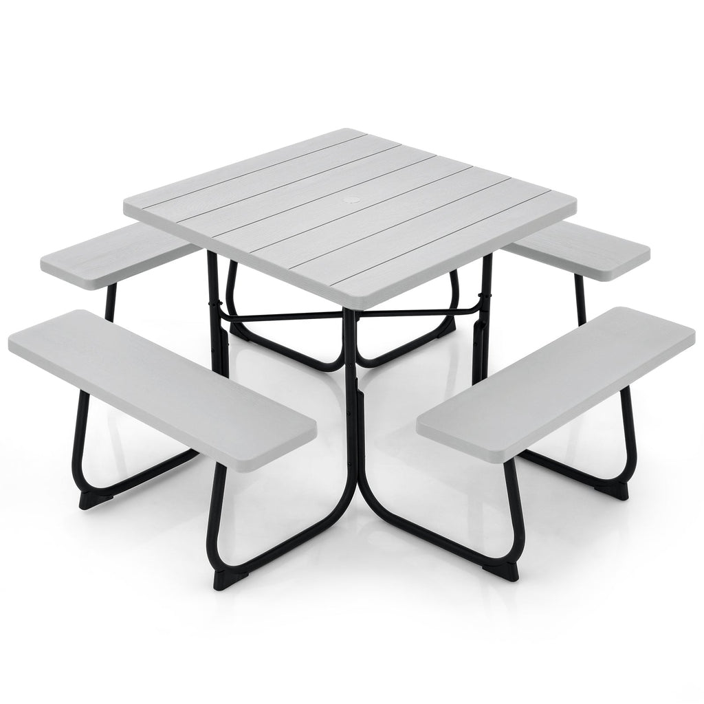 Outdoor Picnic Table 8-Person, Square HDPE Table with 4 Built-in Benches, Umbrella Hole, Metal Frame — image 4