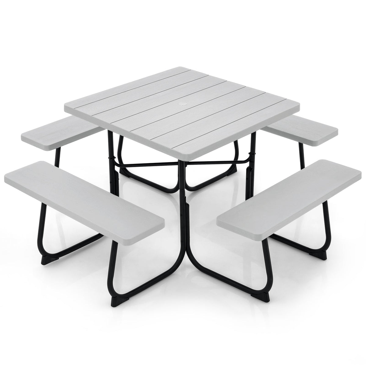 Outdoor Picnic Table 8-Person, Square HDPE Table with 4 Built-in Benches, Umbrella Hole, Metal Frame — image 4